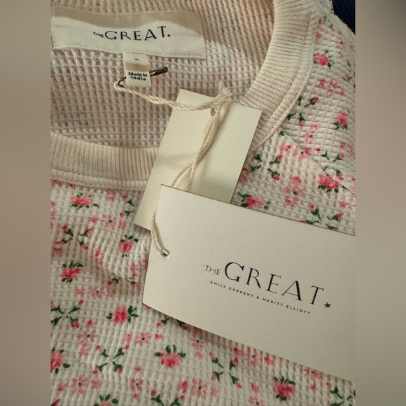 THE GREAT. Floral Long Sleeve Tee - Cream and Pink - Picture 5 of 6